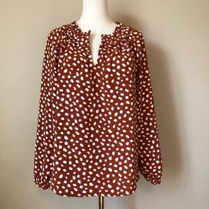J Crew Women's Brown and White Print Top with Ruffle Neckline Size M